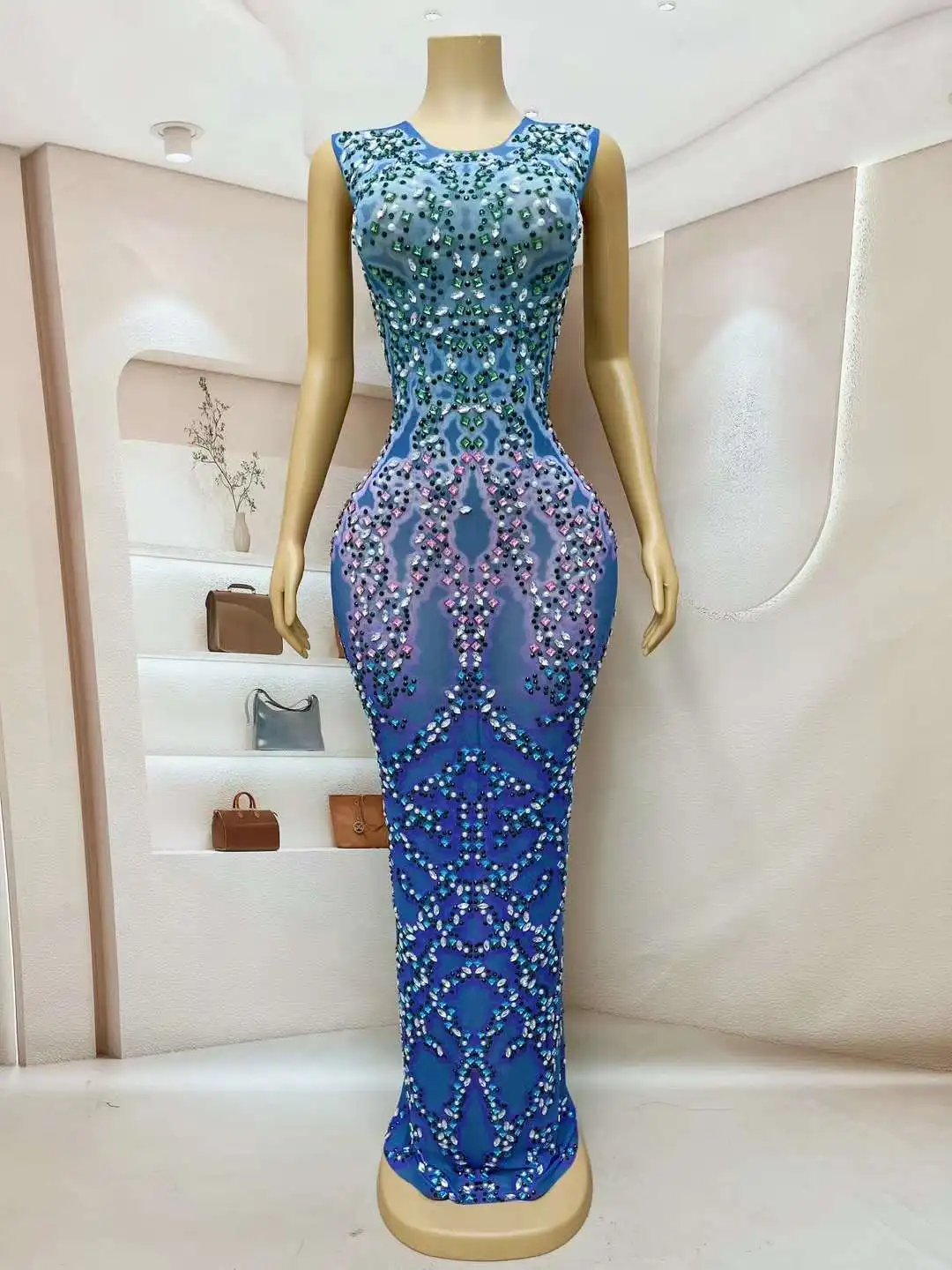 Women Colorful Rhinestones Mesh Stretch Long Dress Elegant Luxurious Sexy Prom Evening Birthday Gown Celebrate Show Stage Wear