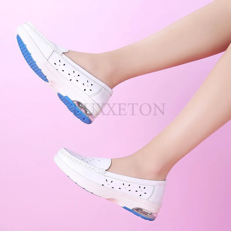 Genuine Leather Air Cushion Nurse Shoes Women Soft Soles Hollowed Out Breathable Non Slip Flat Bottomed White Medical Shoes