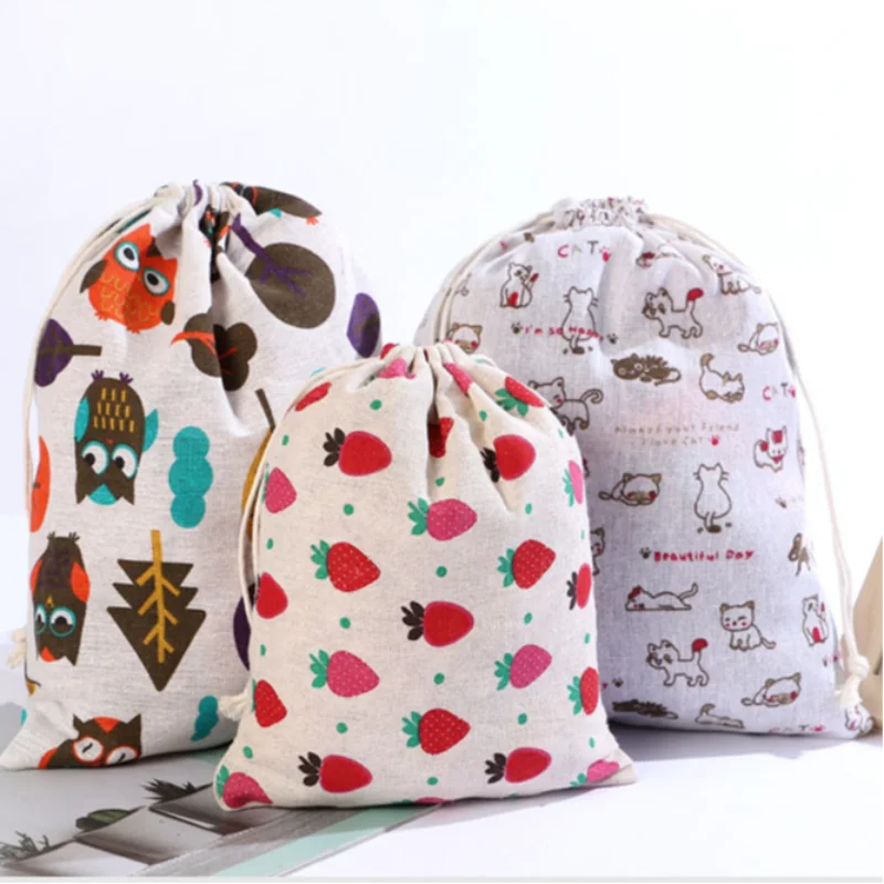 

Printed Cotton Gift Bag Fabric Pouch Drawstring Bag for Toys and Candies Animal Plant Print Kids Travel Cloth Shoes Storage Bag
