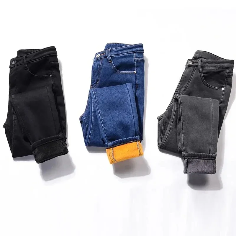 Jeans lápis de veludo azul para mulheres jeans de pelúcia capris, calças finas, espessadas quentes, cintura média, calças magras, moda, Z278