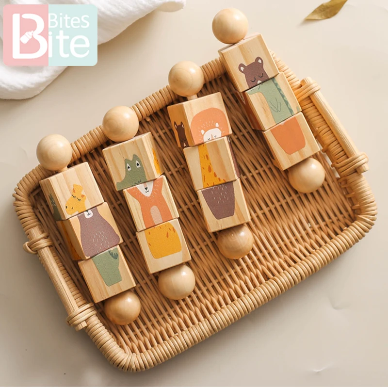 1pc Baby Wooden Rotating Rattle Animal Matching Building Blocks Newborn Soothing Toy Rotating Puzzle Montessori Toys for Babys