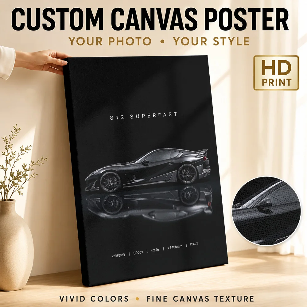 Sleek Black Italian 812 Superfast Side View Car Framed Canvas Poster Personalized Photo Dynamic Canvas Wall Art Man Cave Decor