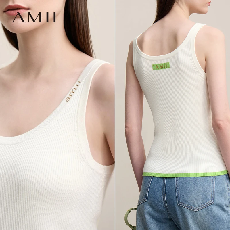 

Amii Top Women 2026 Spring New U-neck Letter Jacquard Slim Vest Camisole Casual Sleeveless Knitted Women's Inner Top 12611005