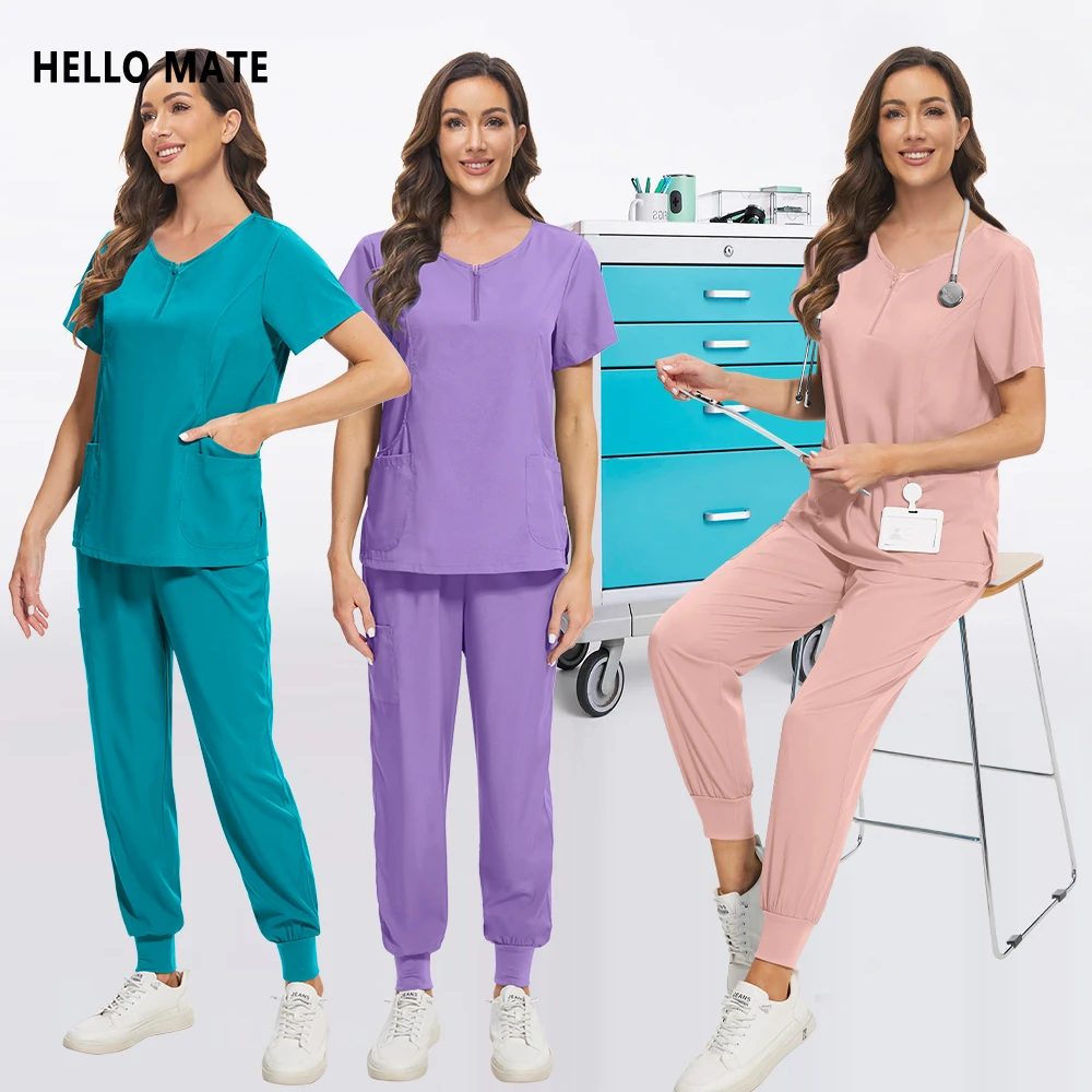 

Medical Nursing Surgery Uniforms Quick-drying Stretch Scrubs Suits Women Jogger Set Clinical Workwear Zip Hospital Work Clothing