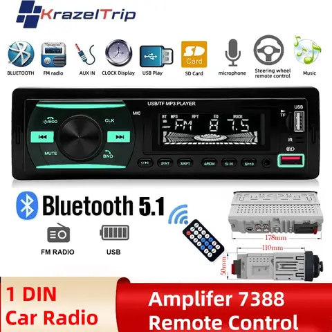 Universal High Power Long Size Car Radio MP3 Player 1 Din Bluetooth Stereo Audio AUX FM USB Flash Drive 7388 Amplifier Voice