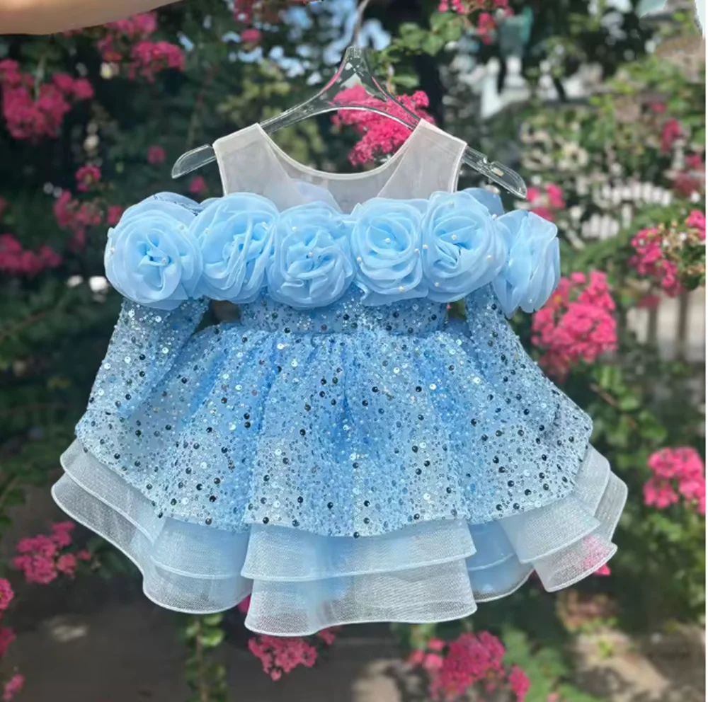 

Luxury Flower Girl Dress Lace Long Sleeve Princess Toddler Kids Wedding 1st Birthday Pageant Party Ball Gown