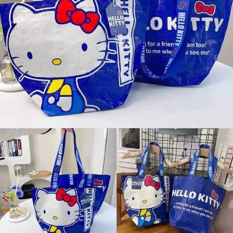 Sanrio Cute Cartoon Character Kitty Printed Klein Blue Duża pojemność na jedno ramię Ekologiczna ręczna tkana torba na zakupy