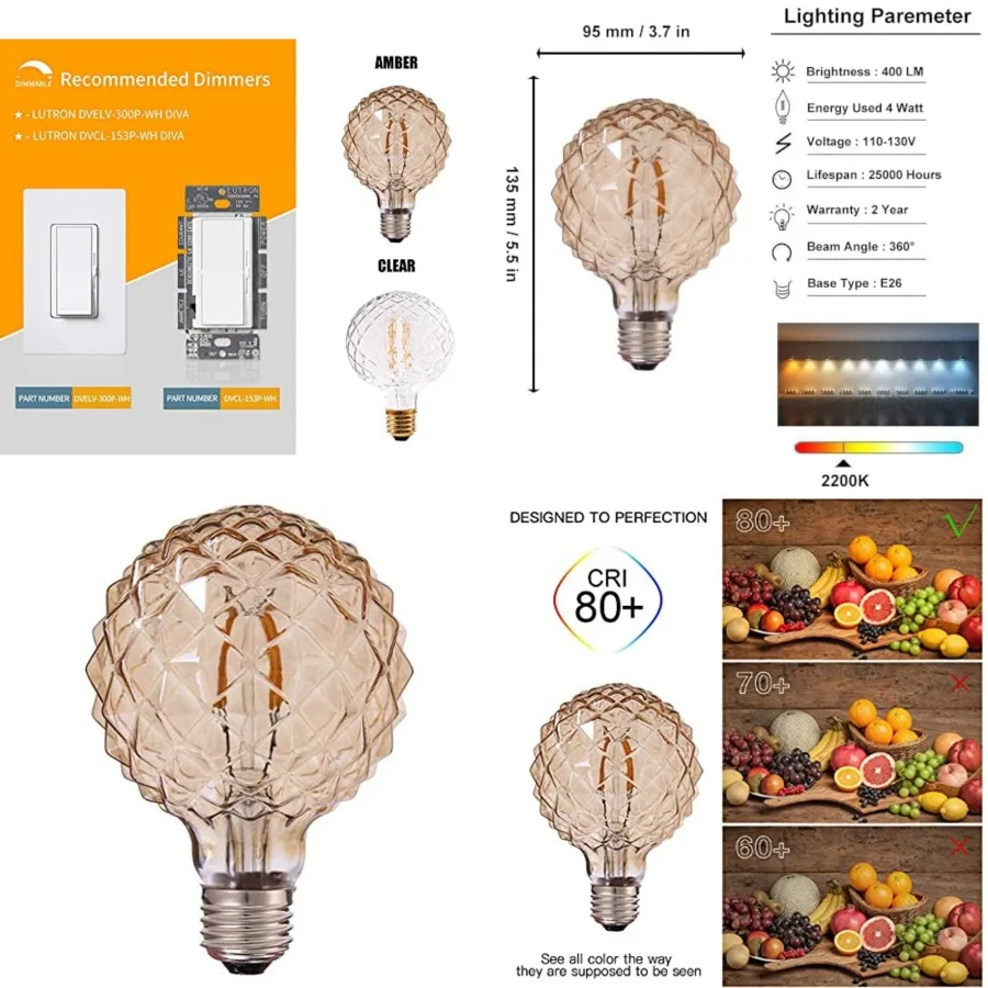 

Vintage LED Edison Bulb G30 4W Dimmable LED Filament Bulb Globe Pineapple Shaped Light Bulb 2300K Warm White E26 400LM Equivale