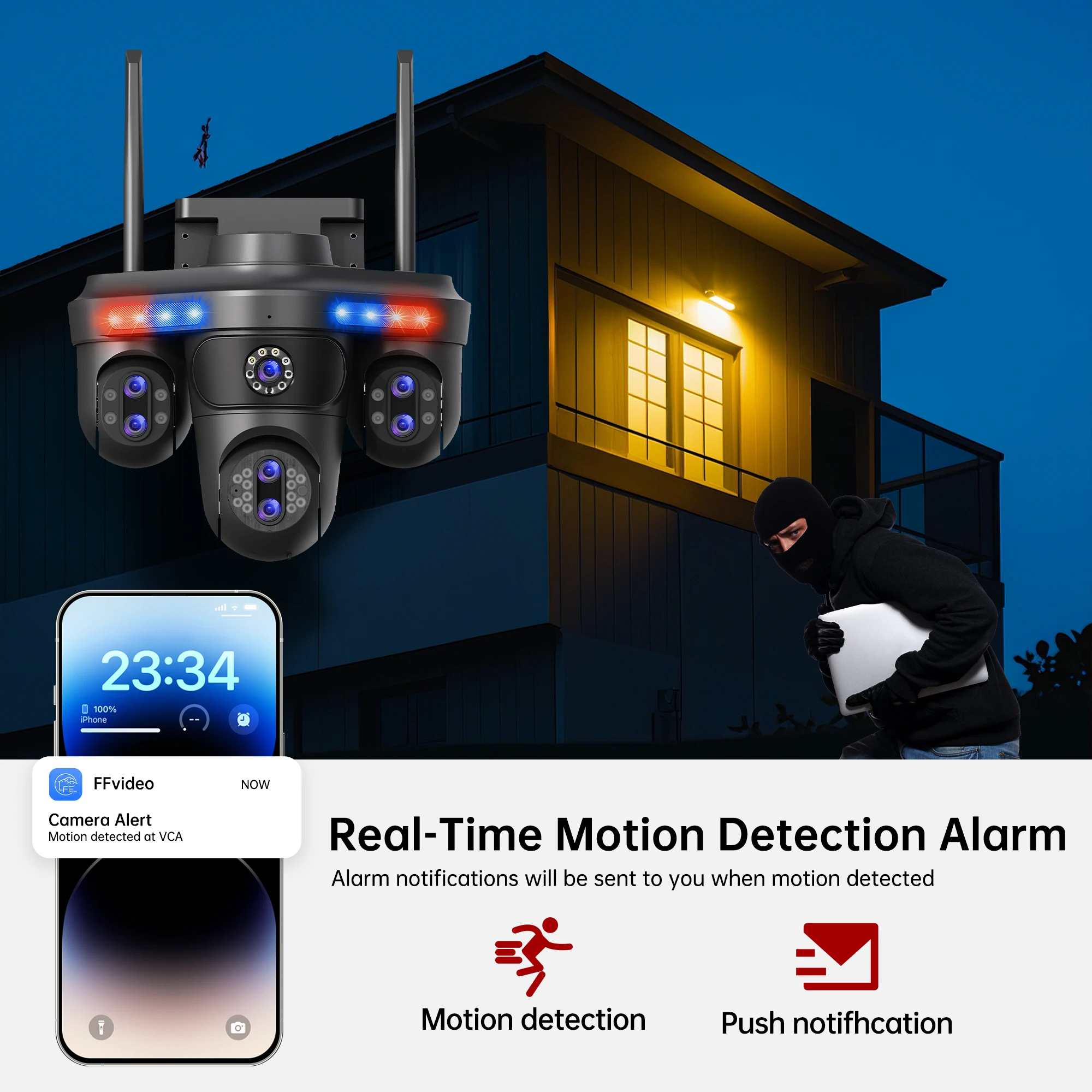 GEYUNE 35MP WiFi IP Camera 4 Screens 7 Lens 10X Zoom Outdoor Wireless PTZ Security Cam Auto Tracking CCTV Surveillance Camera