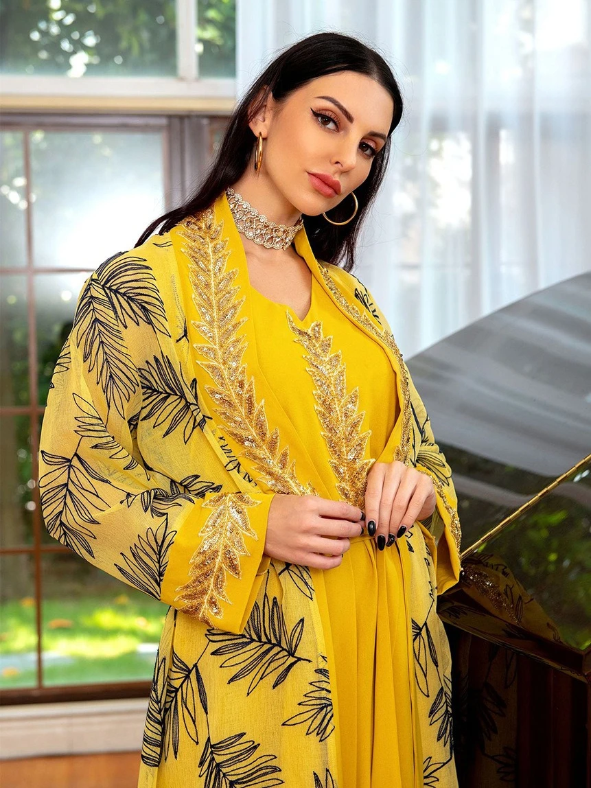 Moslim Jurk Vrouwen Party Abaya 2-delige Set Vest Jurken Borduren Arabische Lange Gewaad Marokko Dubai Kaftan Vestidos Jalabiya
