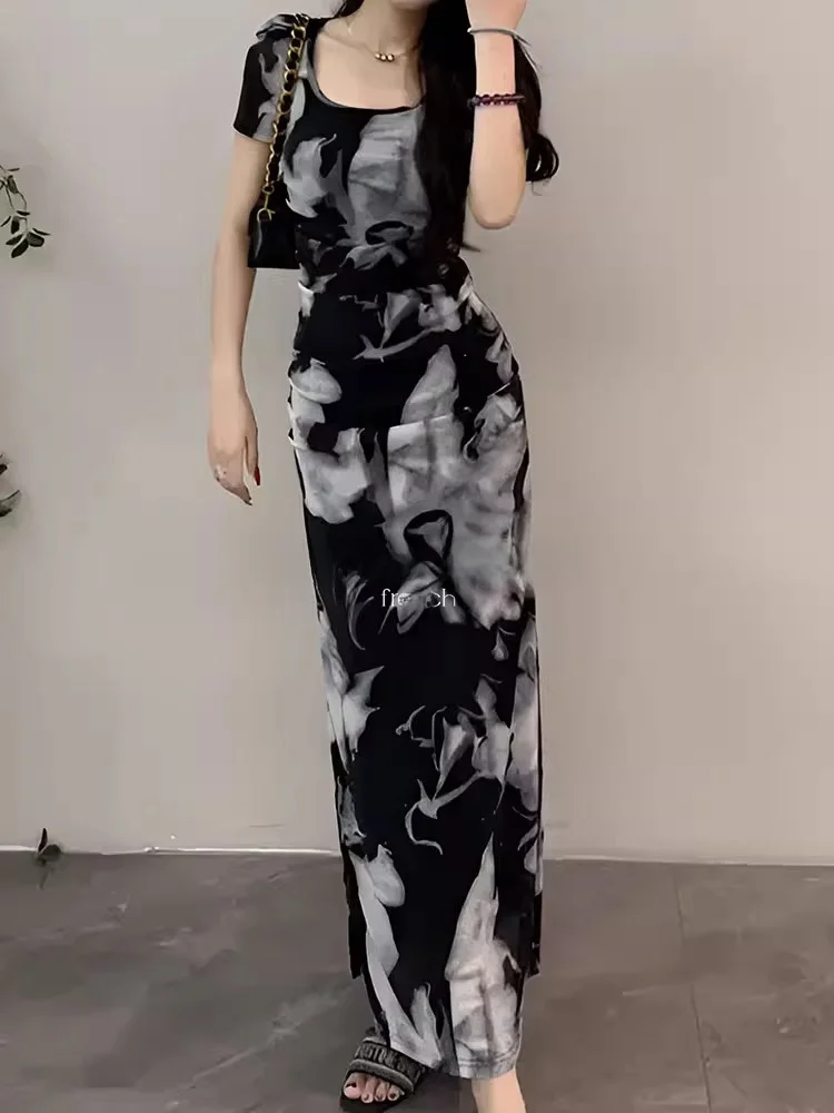 

ROUJE KEFSS Vintage Ink Diffusion Short Sleeve Women's Dress Slim Fit Long Skirt High Waist Commute Style Summer Casual