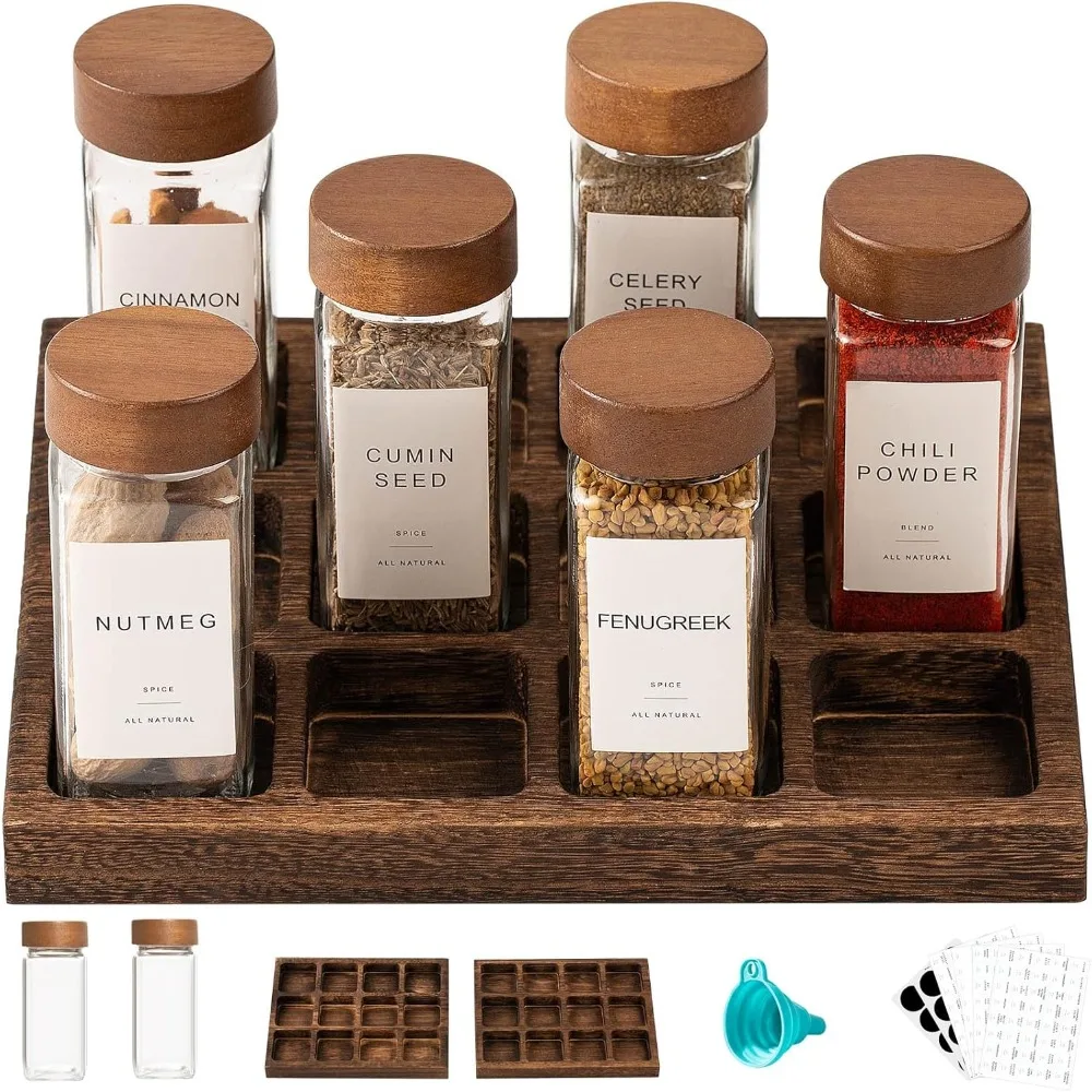 

24Pcs Spice Jars Glass Empty with set of 2 Rack 4oz spice jars with labels & Wooden Airtight Lids