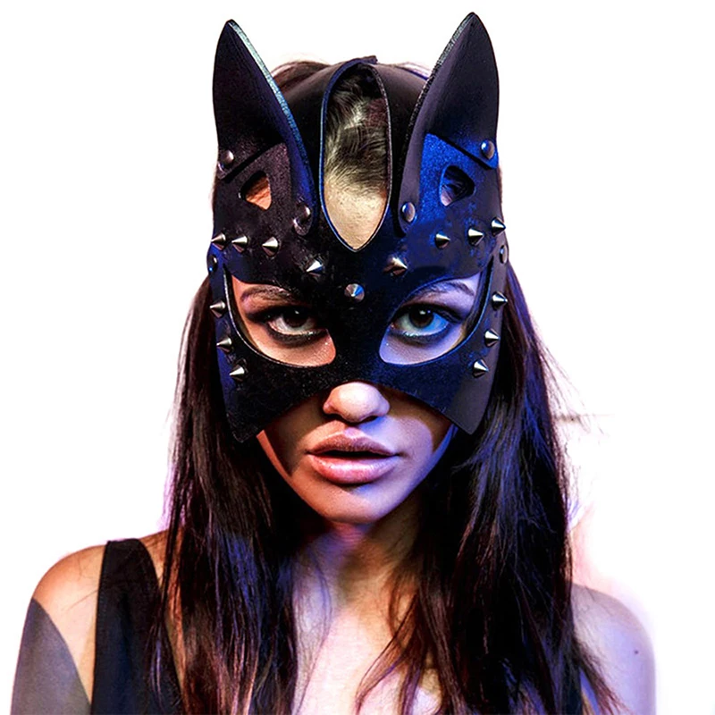 1PC Punk Leather Cosplay Sexy Cat Mask Halloween Party Masquerade Half Face Studded Fox Masks Gothic Fetish Sex Toys For Adult