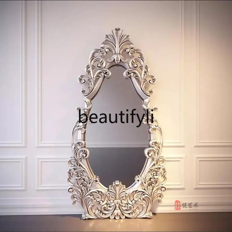 

French full-length mirror retro, carved dressing, wall hanging, floor-to-ceiling European fireplace decorative mirror