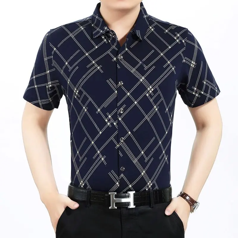 Fashion Lapel Printed Short Sleeve Plaid Shirts Men's Clothing 2024 Summer New Loose All-match Tops Business Casual Shirts