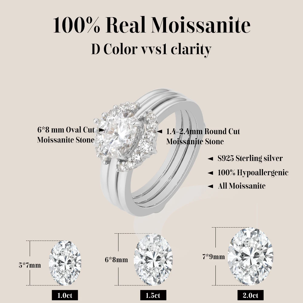 Mintybox Brilliant Cut 1.5CT Oval Moissanite Ring for Women S925 Silver Stackable Rings Luxury Wedding Bridal Sets Jewelry Gifts