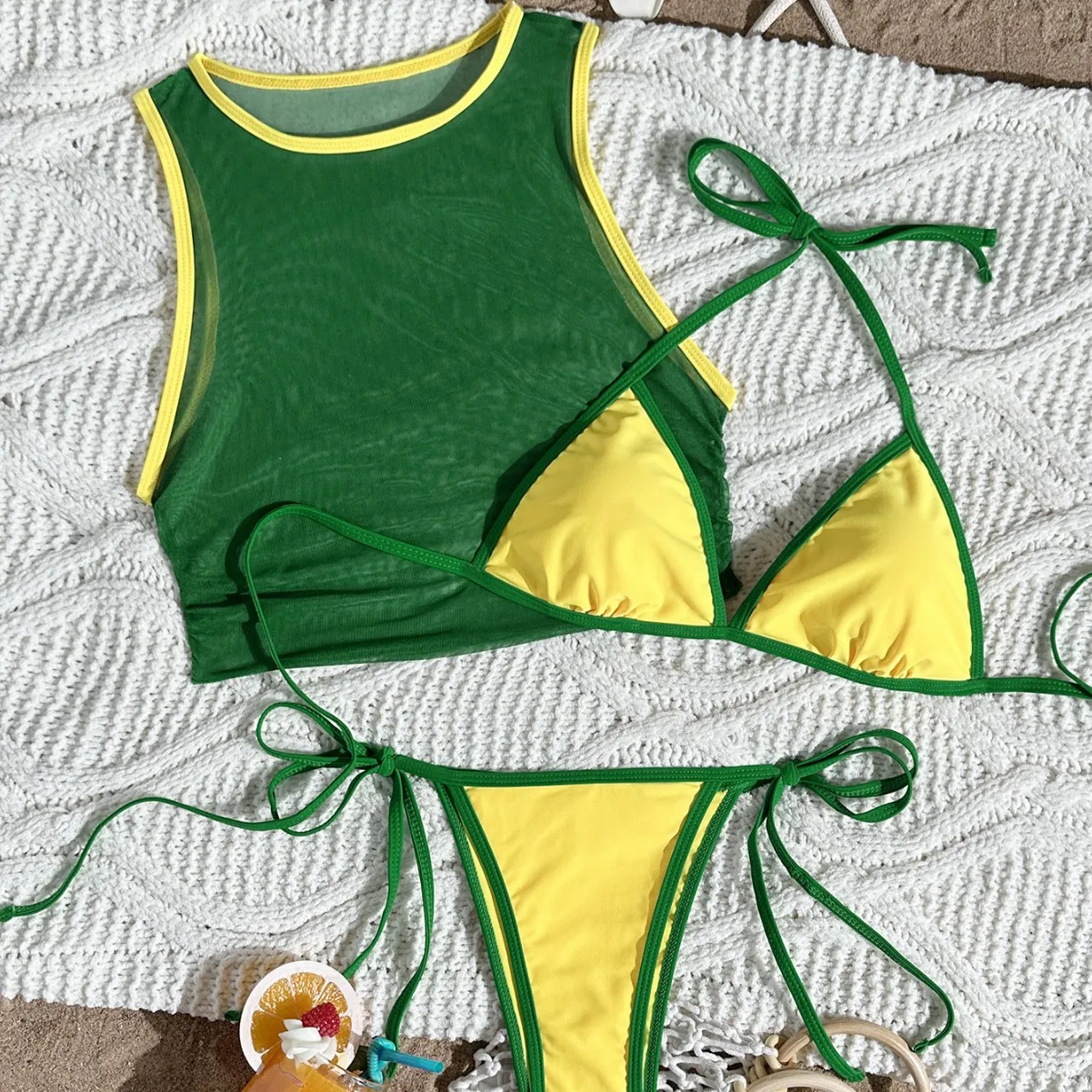3Pcs Bikini Set With Mesh Cover Up Tank Top Halter Triangle Thong Swimwear 2026 Women's Color Block Beachwear Bathing Suit
