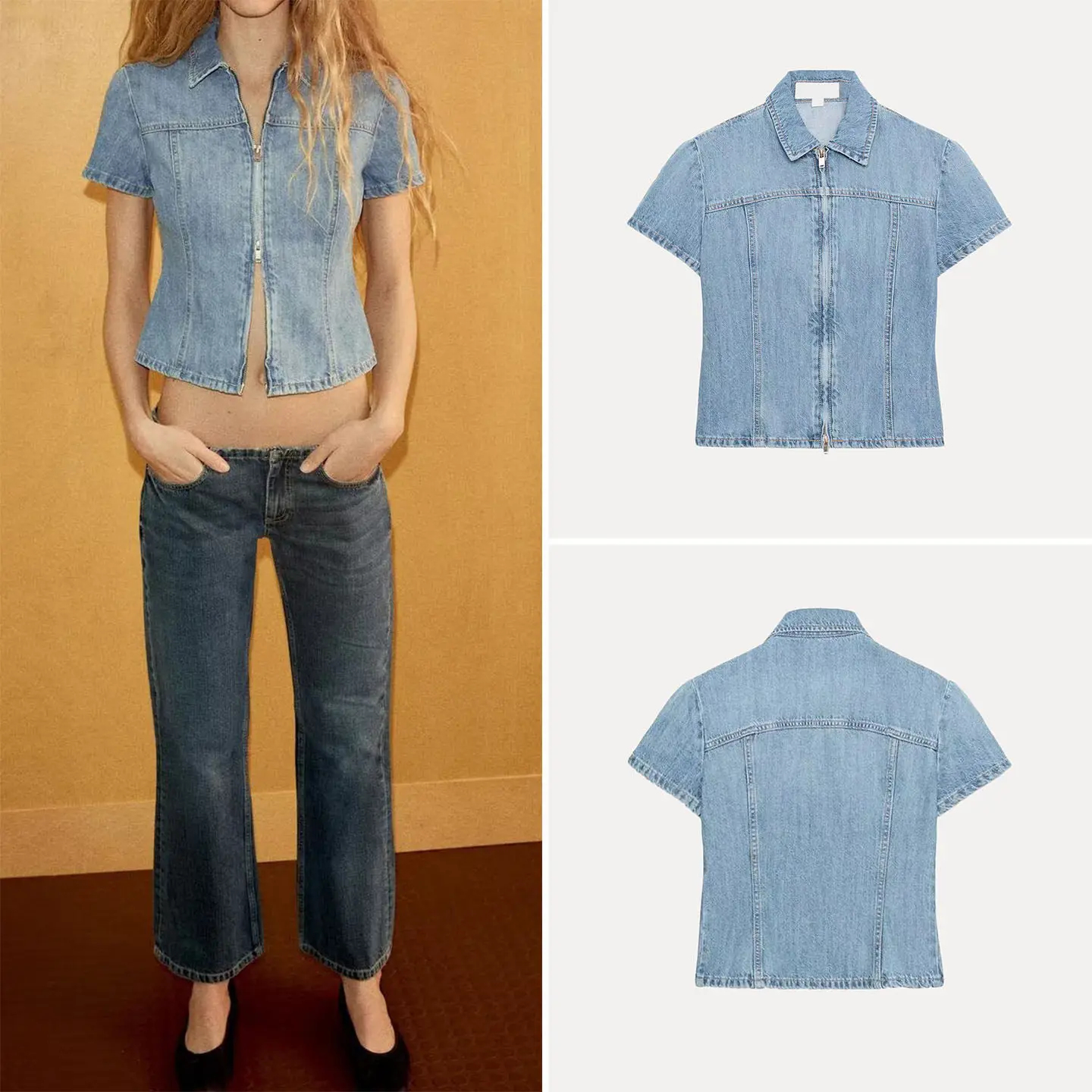 

Модная универсальная женская джинсовая рубашка с коротким рукавом и воротником на молнии, весна 2026, приталенная, стандартной длины, для женщин