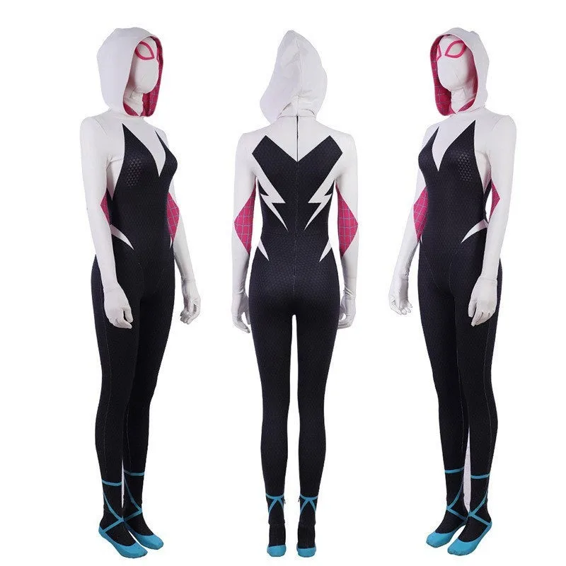 Disfraz de cosplay de Spider-Gwen, Gwen Stacy, Ghost Spider, Zentai, traje de cuerpo entero para mujer, Spider-Man: A Través del Spider-Verso, disfraz de juego de rol