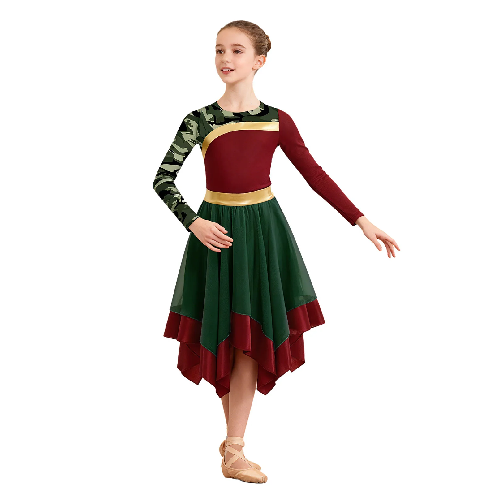 

Kids Girls Contemporary Praise Dance Performance Dress Long Sleeve Stylish Printed Patchwork Worship Ballroom Modern Dance Dress