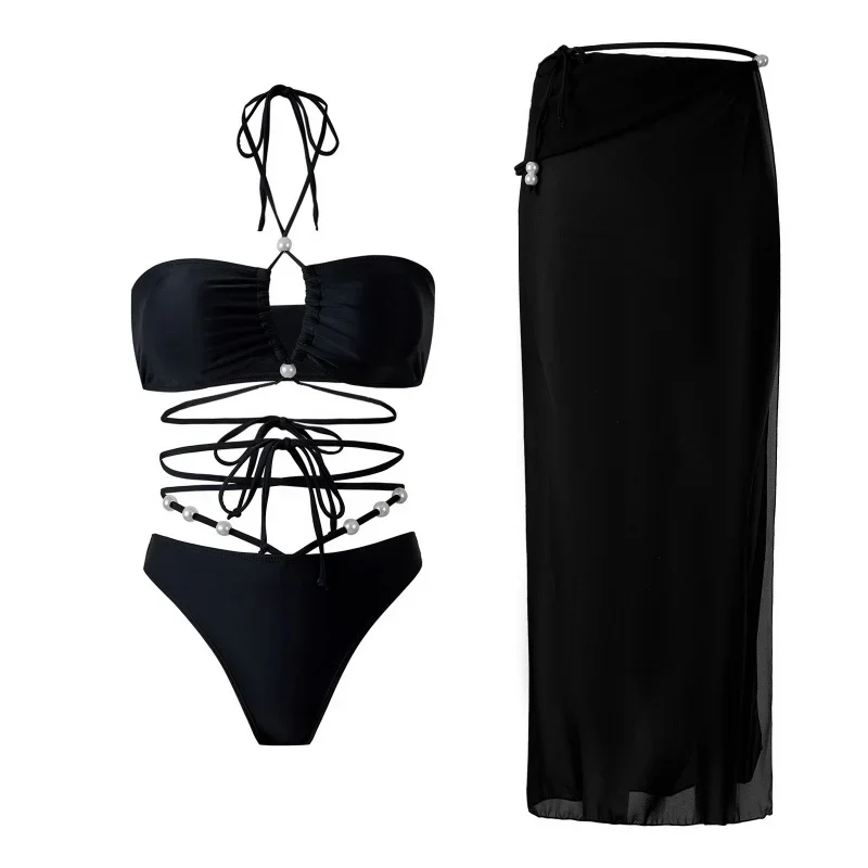 

Women's Bikinis 2025 Solid Split Swimsuit Three-pieces Bikini Set Fashion Sexy Lace Up Swimwear Mesh Cover Up Female Beachwear