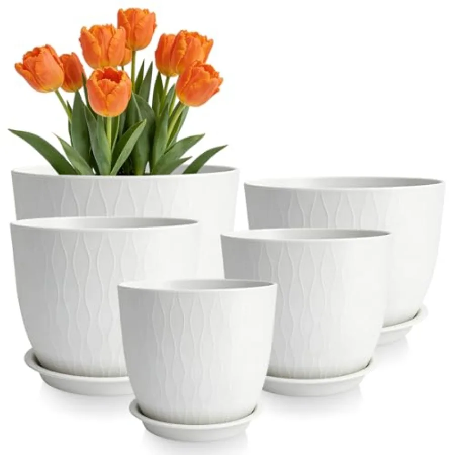 

Plant Pots 10/9/8/7.5/7 Inch Plant Pots, Set of 5 Plastic Planters with Drainage Holes and Saucers, Plastic Flower Pots, Nurser