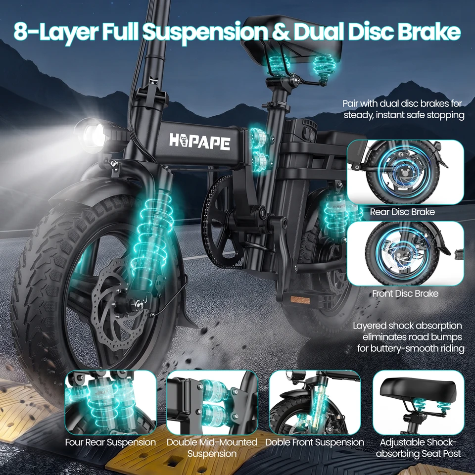 HOPAPE Foldable Electric Bike 748W Brushless Motor 48V 15Ah Battery 8-Layer Shock Absorption 20MPH Max Speed 25-30 Miles Range Dual Disc Brake 14"x2.125" All Terrain Folding E-Bike image 7