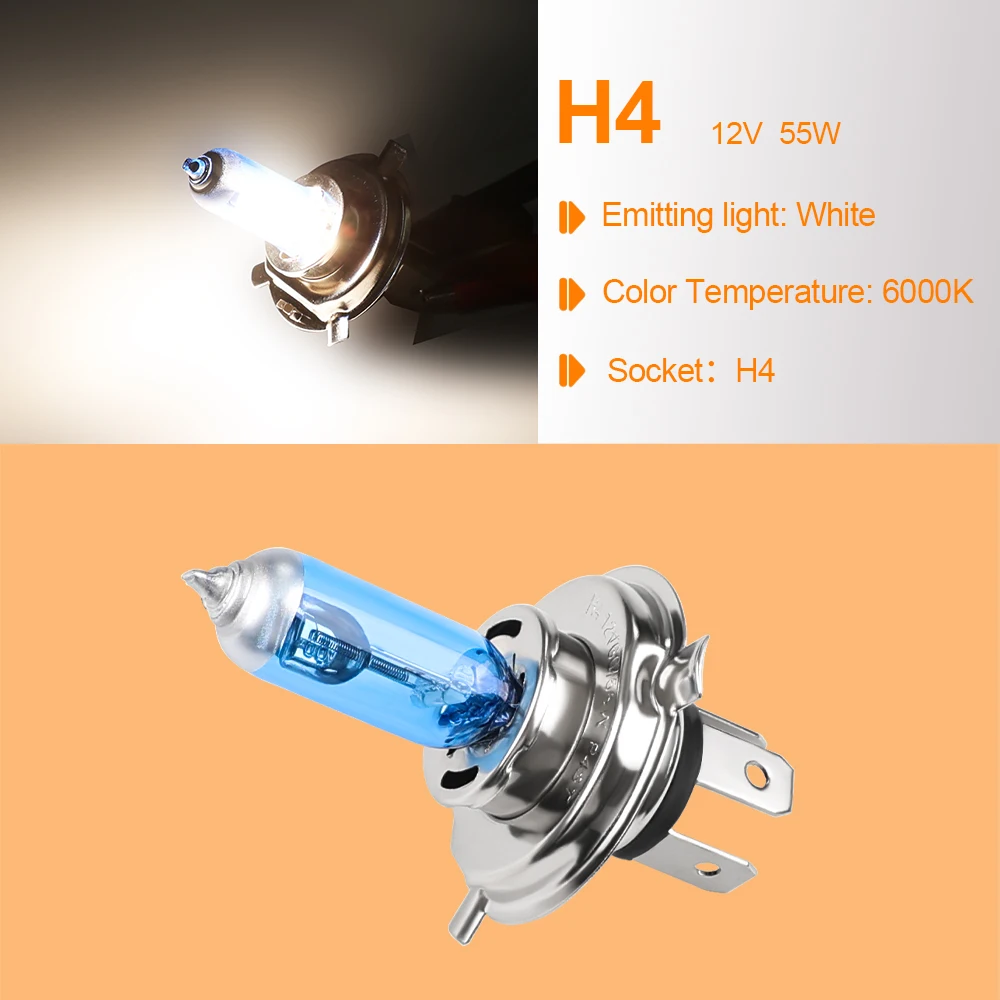 H4 55W 60W Halogen  6000K High Low Beam Light Headlight Bulb Auto P43T 6000K 12V Xenon White 9003 Lamp FISHBERG