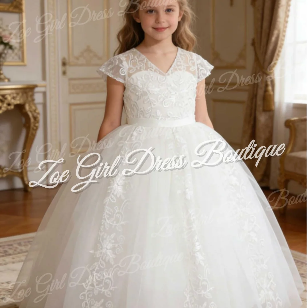 White Cap Sleeve V-Neck Embroidered Tulle Flower Girl Dress Pearl Button Gown Wedding Birthday First Communion Customized