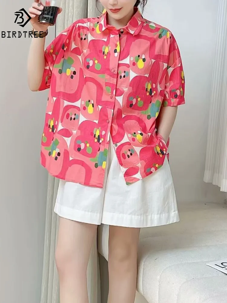 

New Spring Cotton Casual Short Sleeve Shirt Women Cartoon Print Top Girl Loose Fashion Commute Blouses 2024 Summer T45838QM