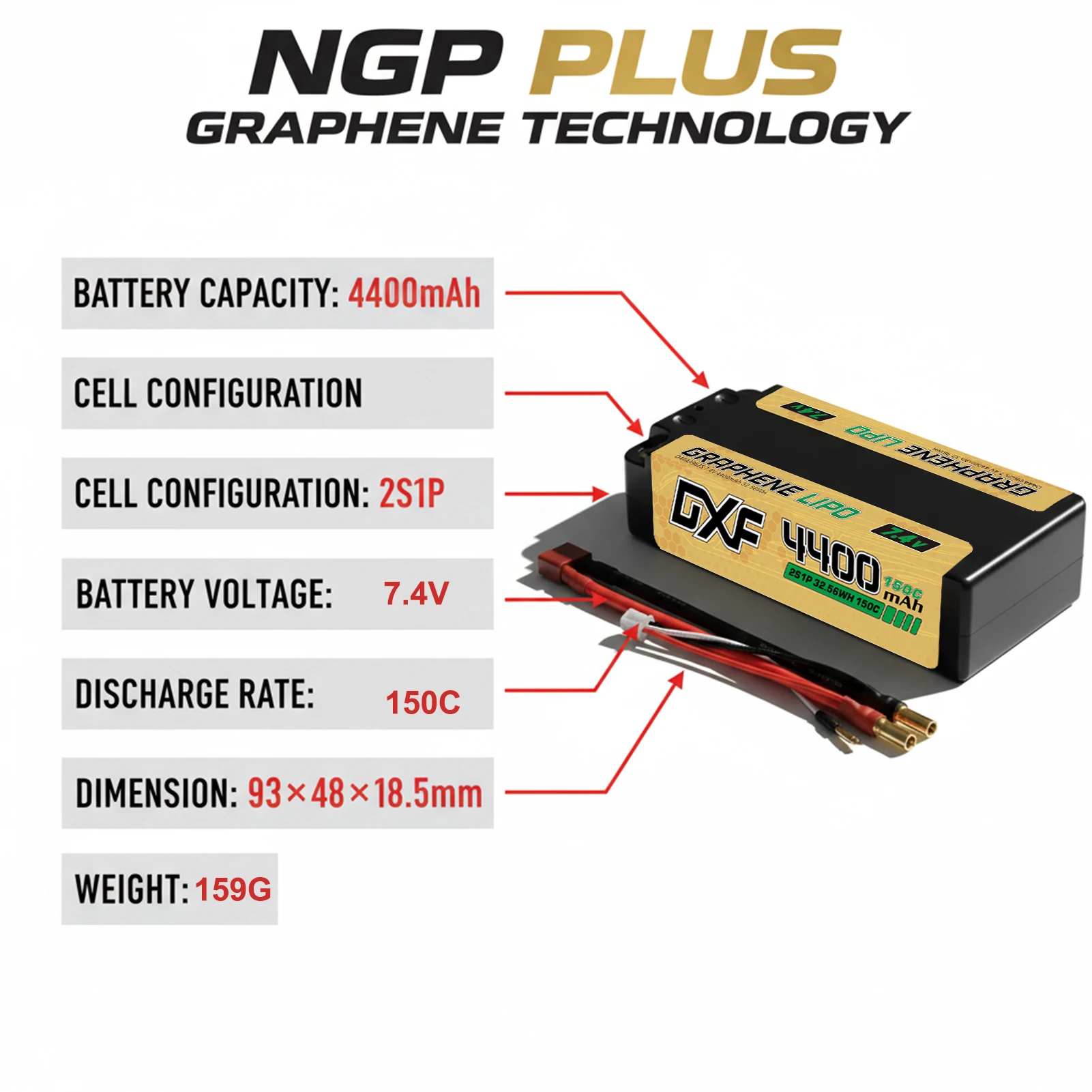 DXF 2S 7.4V Lipo Battery 4400mAh 150C with Deans/T Plug Hardcase for 1/8 Buggy Truggy Offroad Car Boat Truck Airplane UAV RACING