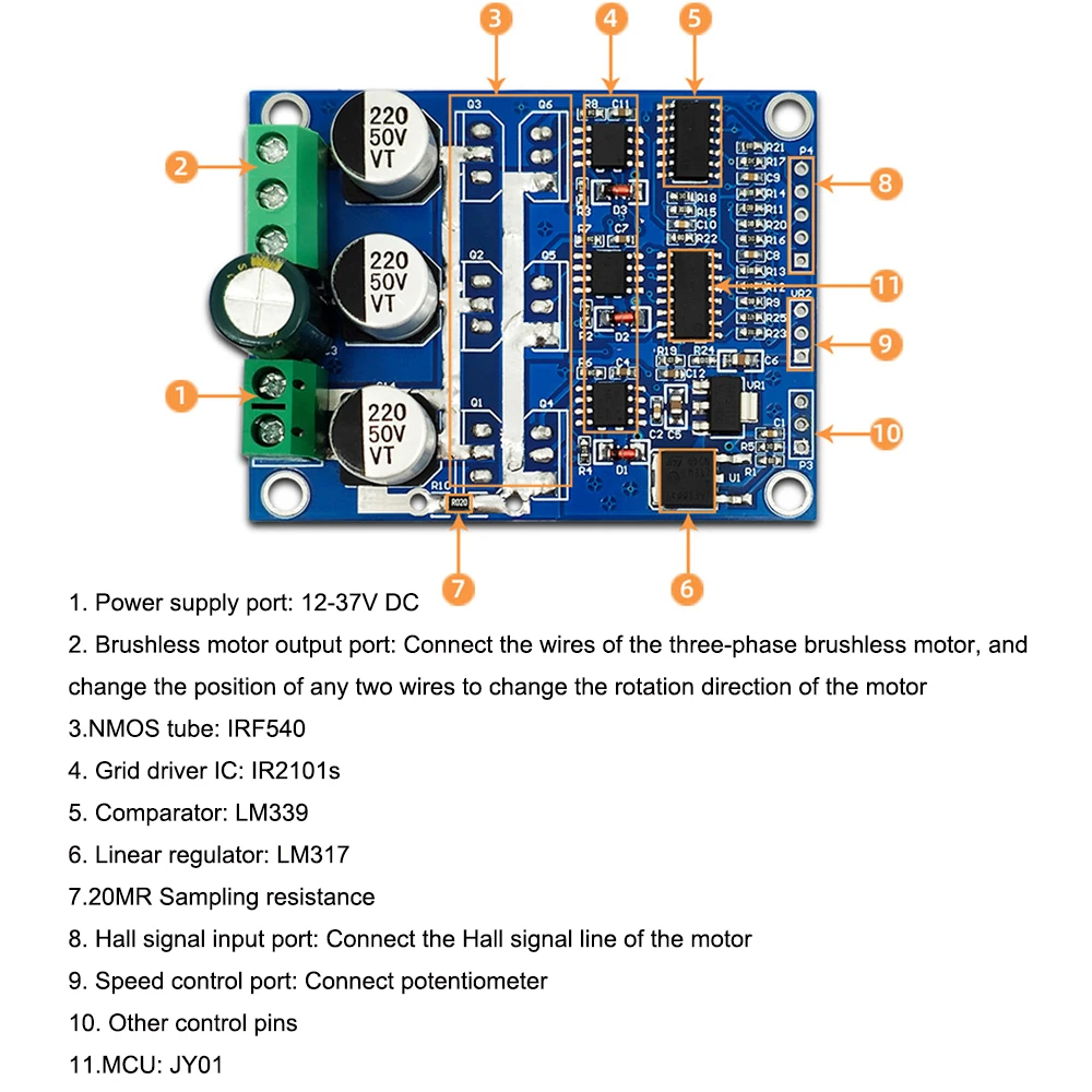 JY01 DC Brushless Hall Motor Drive Board PWM Signal Regulation Motor Forward and Reverse Controller with Over Current Protection