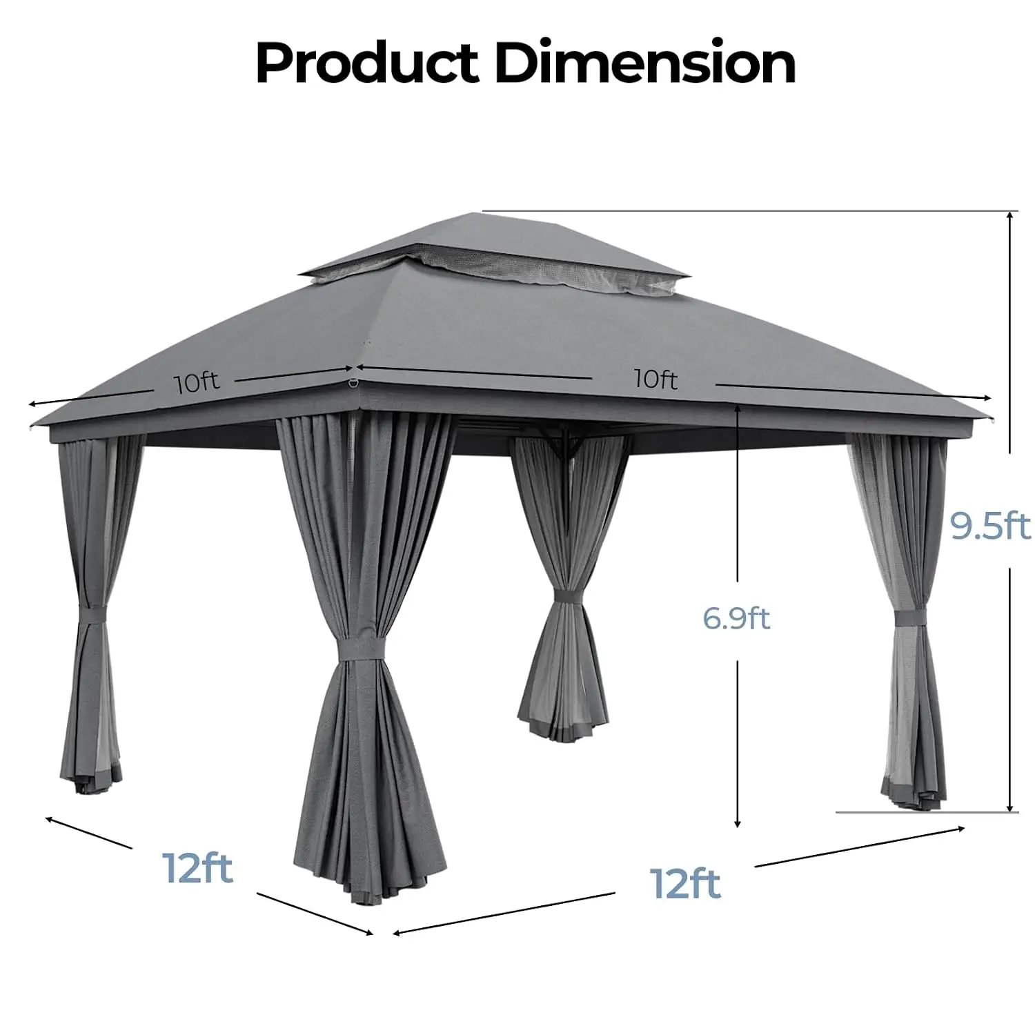 Outdoor Gazebo 10’×10’ for Patio, Metal Frame Canopy with Double Roofs, Heavy Duty Party Tent with Mosquito Netting and Curtains
