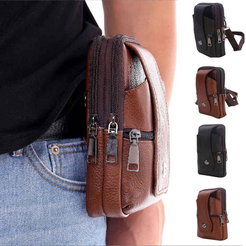 Retro Men Travel Waist Pack PU Leather Hasp Zipper Fanny Pack Outdoor Male Simple Waist Bag Wallet Cell Phone Holder