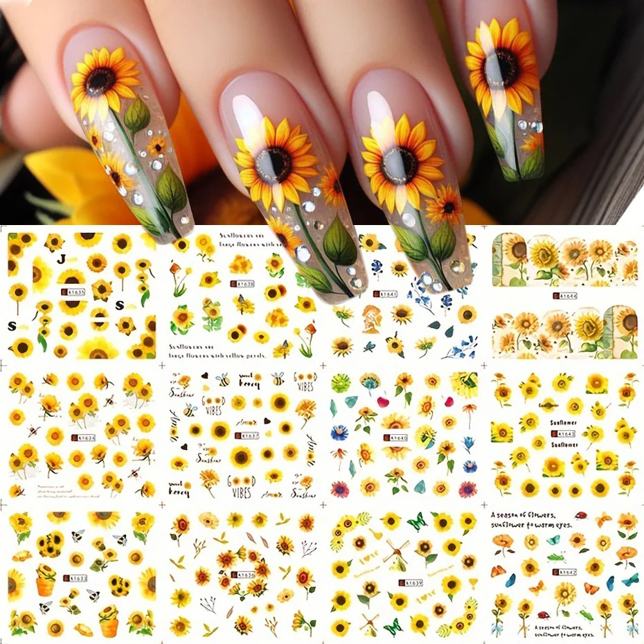 12 デザインひまわりデイジーネイルステッカー鮮やかな花の花水デカール転写箔スライダーマニキュア装飾