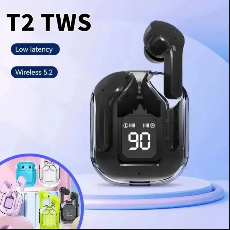 Original T2 Wireless Bluetooth Earphone Transparent HIFI Headphones LED Power Digital Display Stereo Sound Earphones for