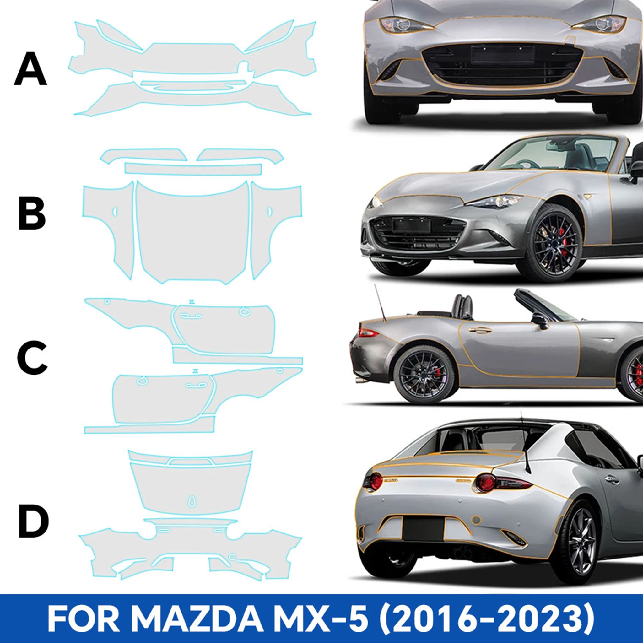 

For Mazda MX-5 MX5 2016-2023 Pre-cut PPF Car Body Cover Clear Bra TPU Paint Protection Film Anti-Scratch Resistant Repairable
