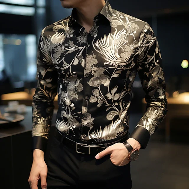 Floral Casual Men\'s Shirt Daily Wear Weekend Fall & Winter Turndown Long Sleeve shirts Fashion 4-Way Stretch Fabric Shirt Easter