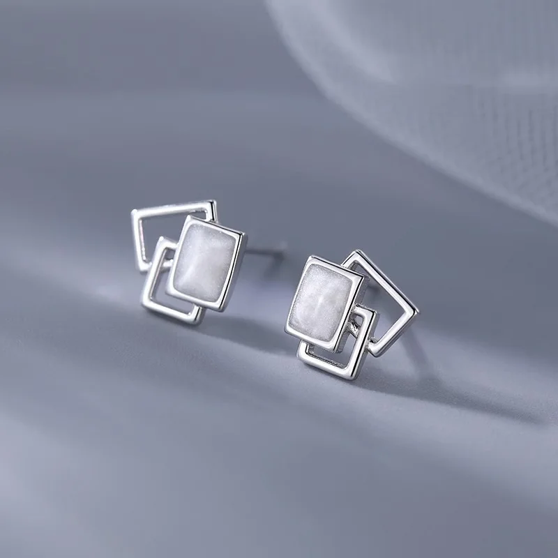 New Trendy 925 Silver Stud Earrings Square Elegant Geometric Enamel For Women Girl Gift Fashion Jewelry Dropship Wholesale