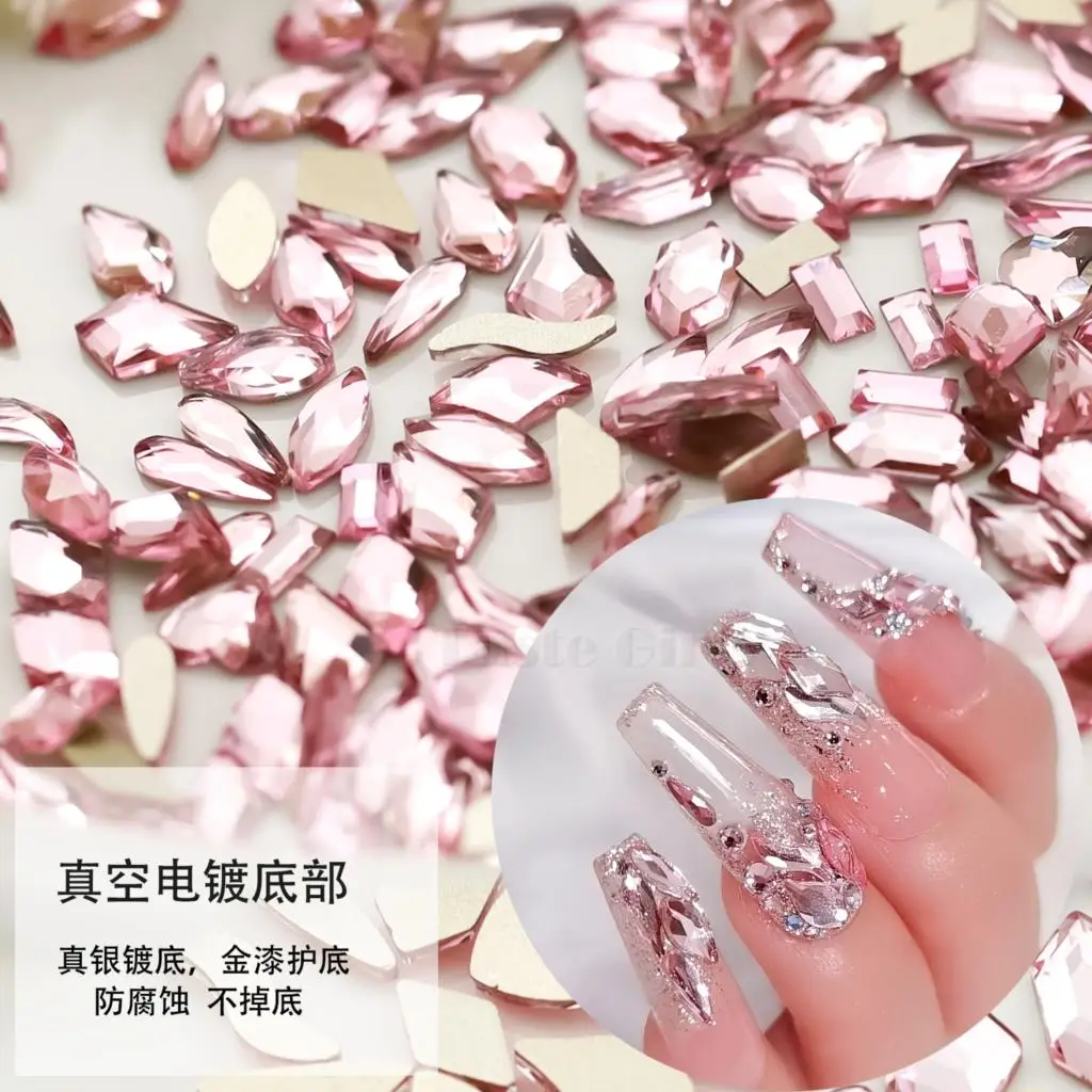 50PCS Translucent Pink Multi Shapes Flatback Diamond Crystal Glass Nail Art Rhinestones Jewelry Decoration Manicure Ornaments