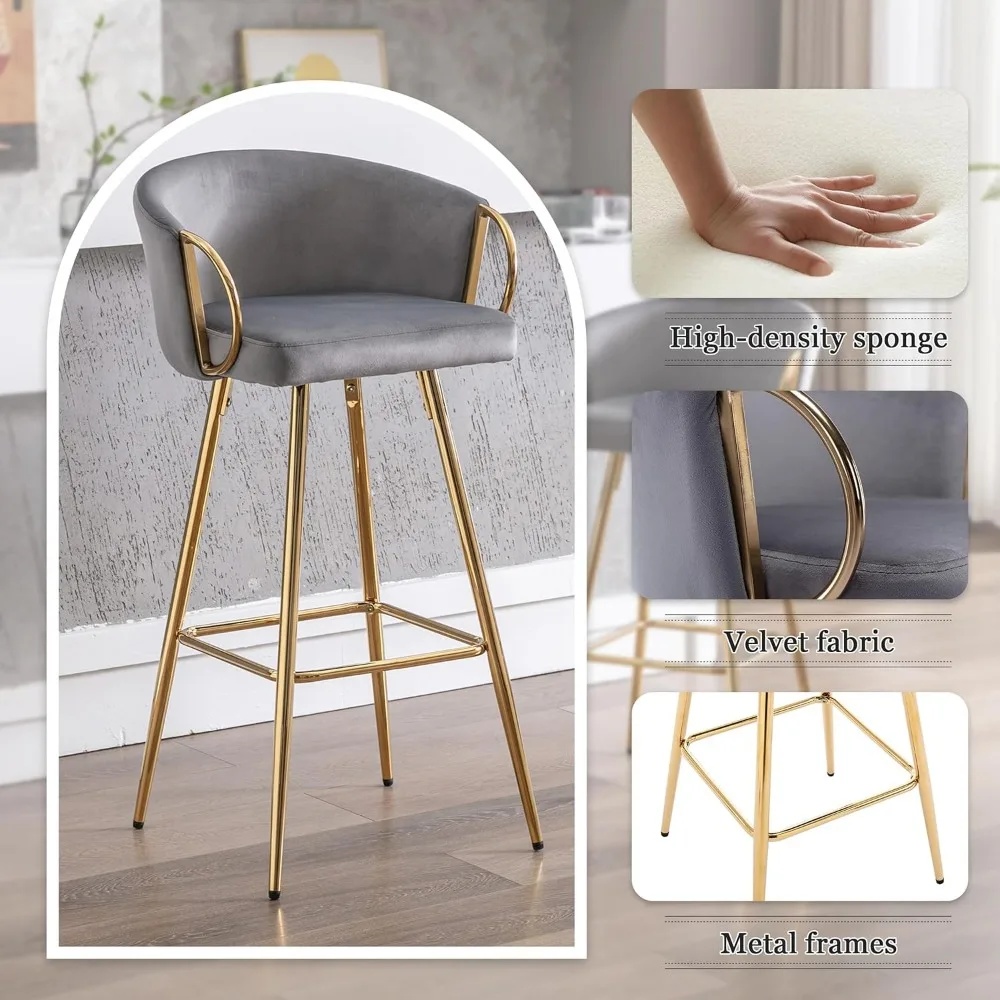 Velvet Bar Stools,Upholstered Kitchen Island Stools with Gold Legs,Modern Counter Height Bar Stools for Dinning RoomCafeHome Bar