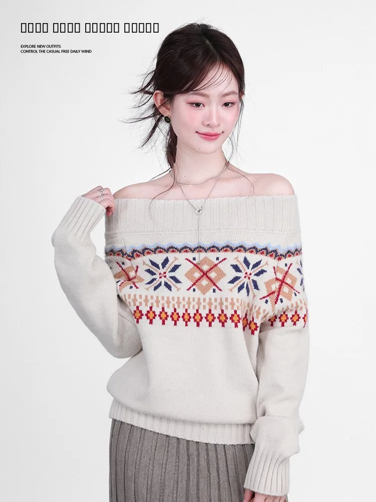 

Galaxy Resident Vintage Fair Isle One oulder Knitted Sweater Women's Autumn Winter Design Sense oulder Bared Sweater