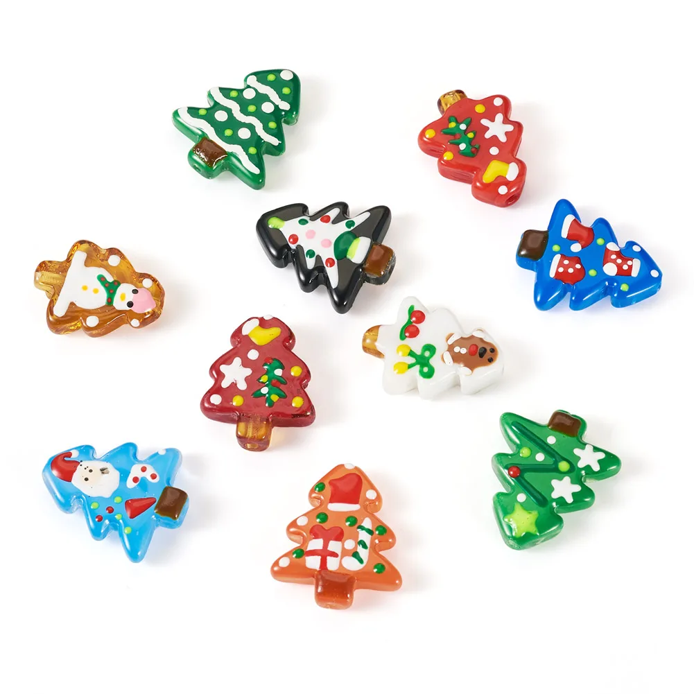 10Pcs Christmas Theme Handmade Lampwork Beads Christmas Tree Charm for Jewelry Making DIY Bracelet Necklace Earrings Decor