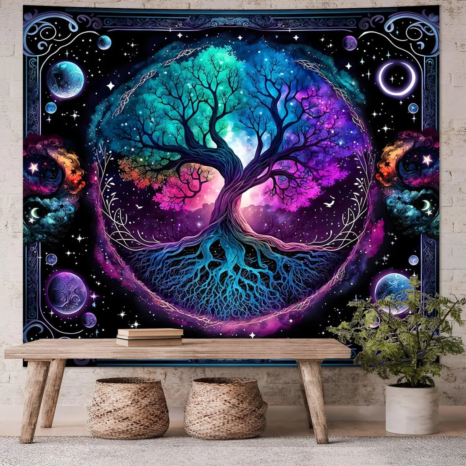Moon Phase Tree of Life Tapestry – Sun & Moon Boho Spiritual Wall Art for Bedroom, Living Room or Dorm Decor