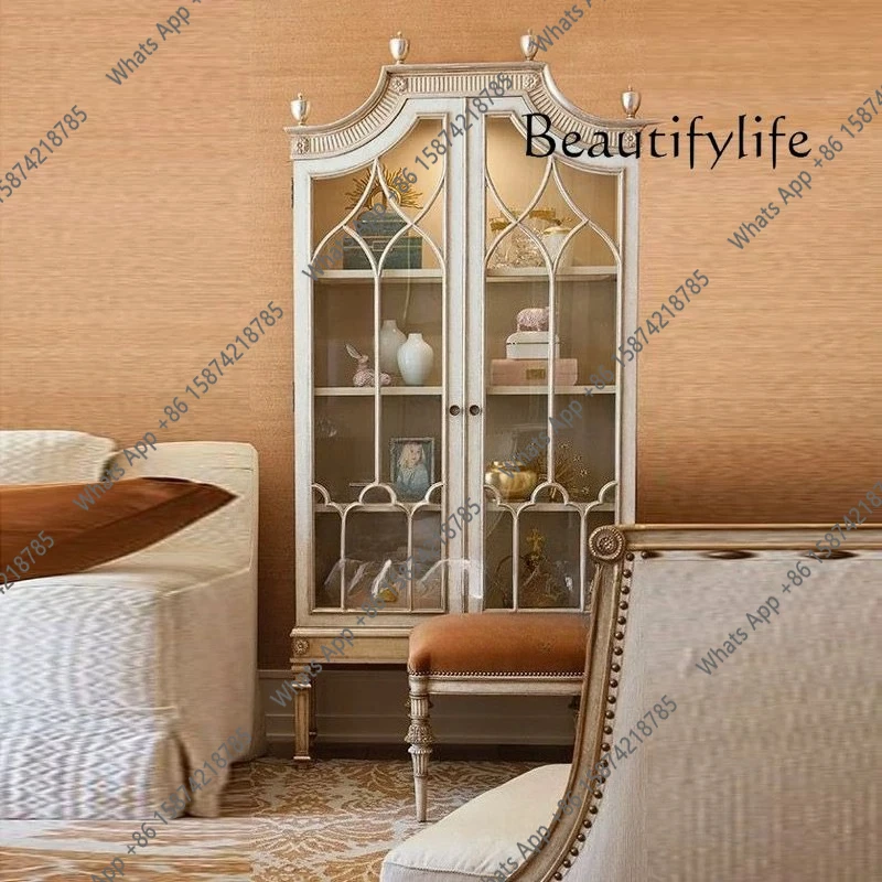 

J French Retro Solid Wood Carving Flower Wine Cabinet American Country Decorative Locker Storage Cabinet Display Cabinet