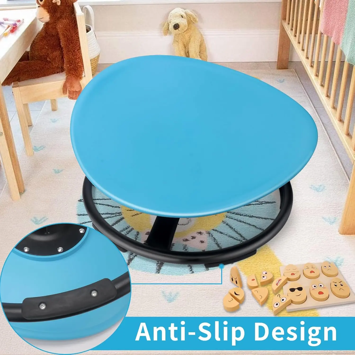 Cadeira sensorial para autismo, cadeira giratória para crianças autistas, espaço pequeno, assento giratório, base de metal, design antiderrapante, azul