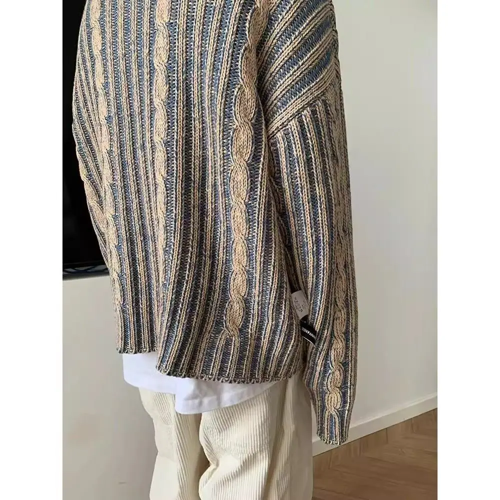 Luxury Fashion Striped Knitted Sweaters Men Autumn Streetwear Y2k Harajuku Vintage Jumper Long Sleeve O-neck Tops Mens T-shirts