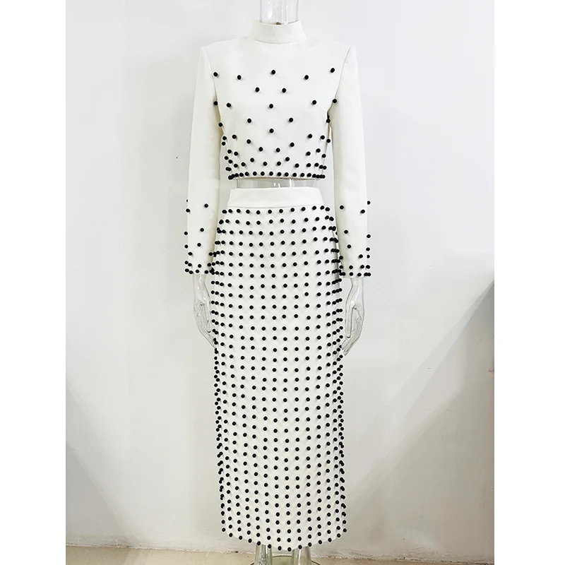 HIGH STREET Newest 2025Fashion Designer Runway Suit Set Women's Pearls Beaded Tops Long Skirt Set 2pcs conjunto dos piezas mujer