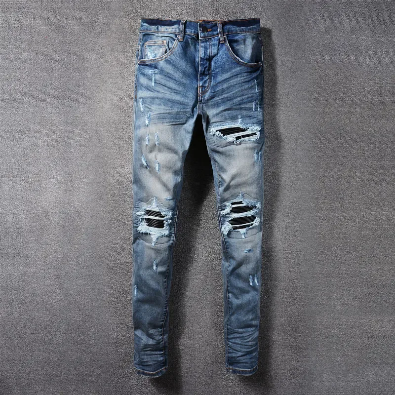 Streetwear Fashion Men Jeans Retro Washed Blue Stretch Skinny Fit Ripped Jeans Men Leather Patched Designer Hip Hop Brand Pants