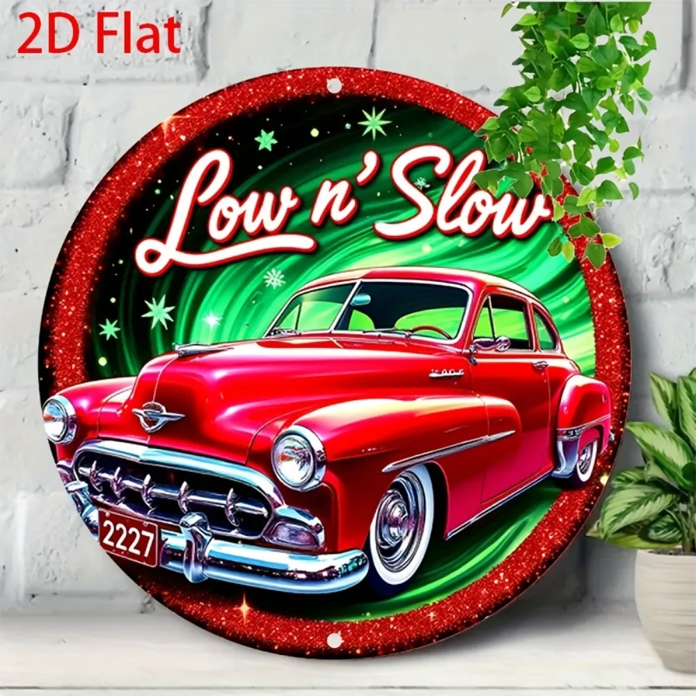 Vintage Lowrider Auto-Metallschild – „Slow“ Retro-Wandkunst mit Lichtern und Sternen für Garage und Café